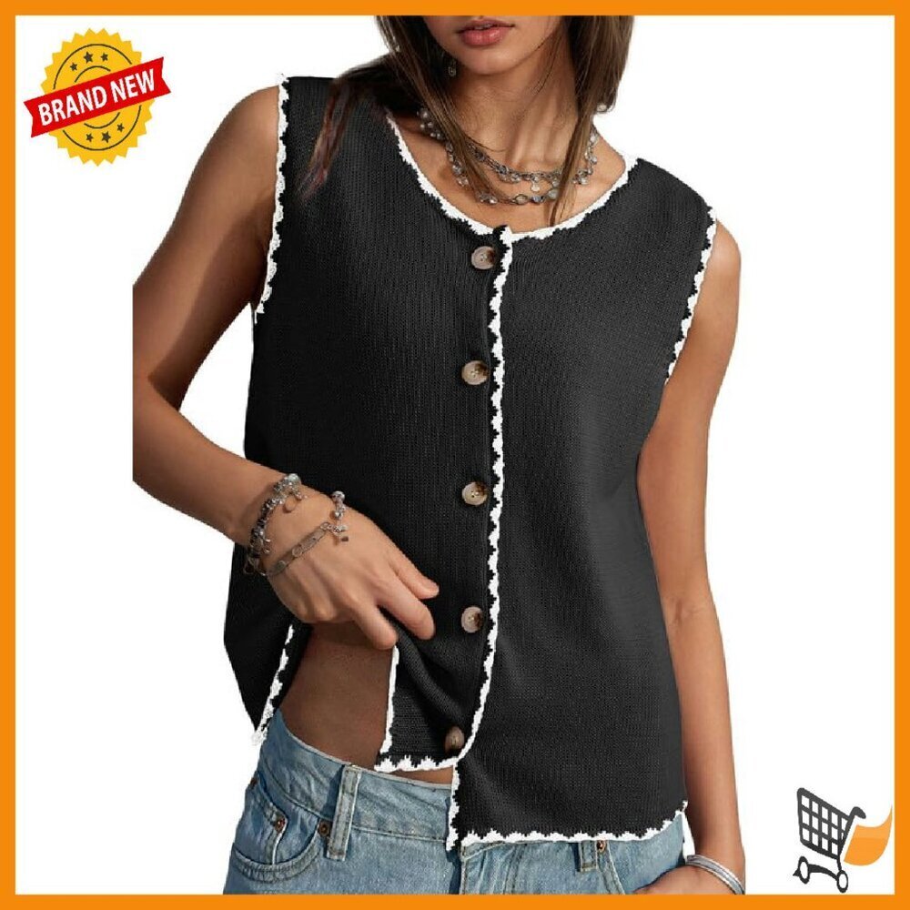 Button Up Color Block Sweater Vest Women's Casual Summer Top Size M